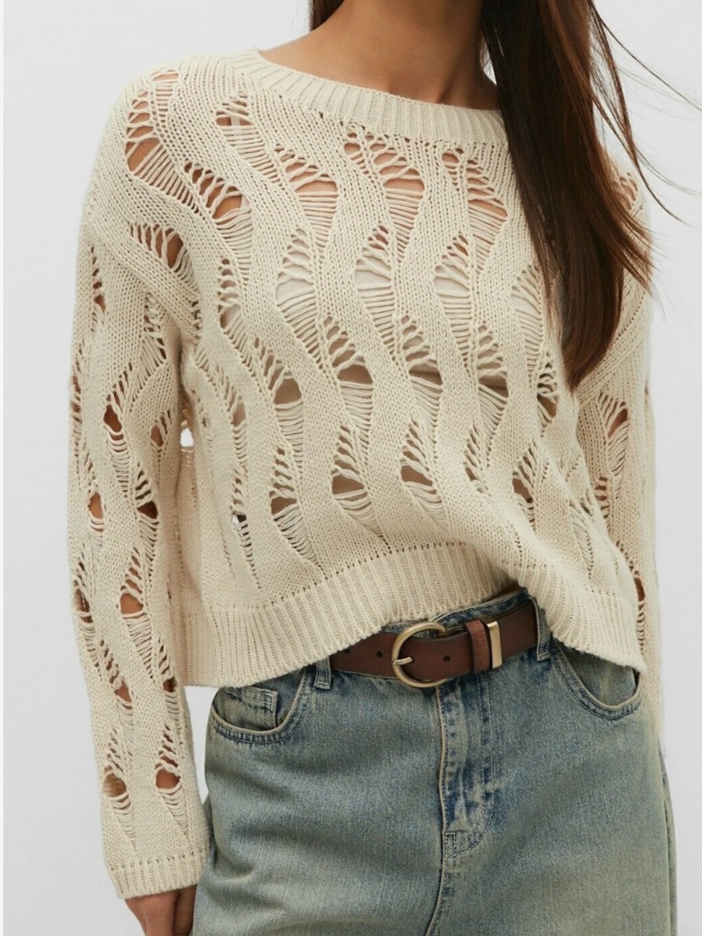 Just Polly Open-Knit Crewneck Sweater in Cream Sz M EUC